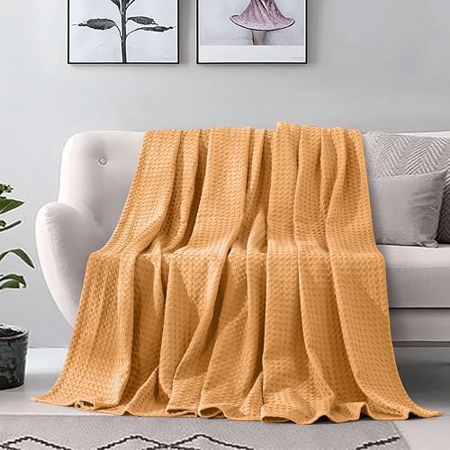 Image of Elegant Comfort Premium 100% Cotton Waffle Blanket - Lightweight Breathable Waffle Weave Bed Blanket - Soft and Warm All Season Blanket for Couch, Sofa and Bed, Twin Size 68x88 Inches, Gold