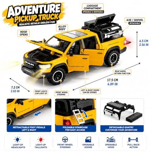 Image of Magicwand 1:32 Scale Die-Cast Metal Car Dodge RAM Mammoth with Openable Doors,Pull Back Action,Blinking Lights【Pack of 1】【Random Color】