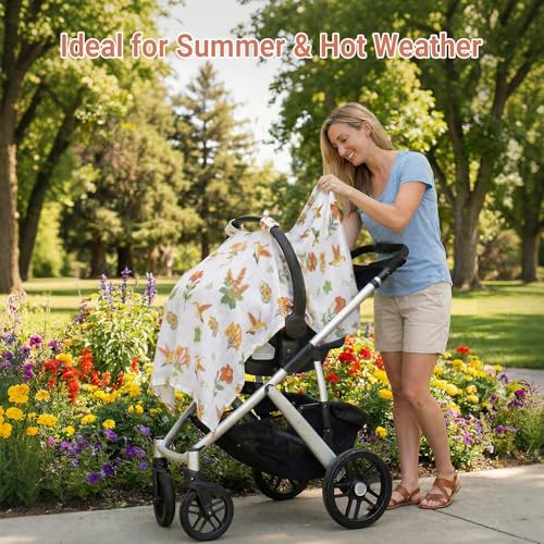 Image of Metplus Car Seat Cover Baby, 100% Muslin Cotton Infant Carseat Covers for Boys and Girls, Lightweight Breathable Canopy, Summer Stroller Sun Shade, Newborn Travel Essentials(Hummingbird)