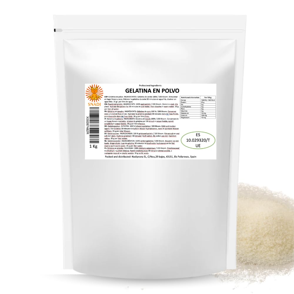 Snadi Gelatina in polvere | 1 kg | 100% pura, insapore e qualità professionale | Ricca di aminoacidi precursori del collagene | Pasticceria, dessert, gel e salse | Facile da sciogliere e consistenza