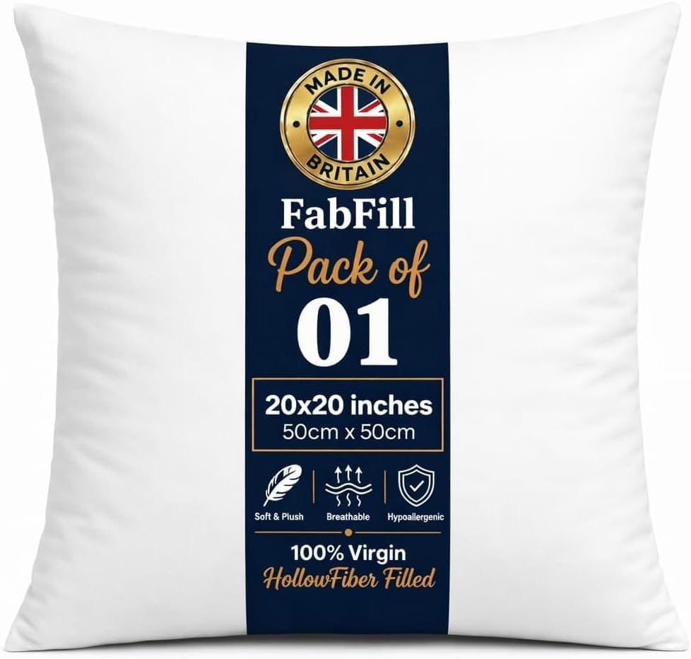 FabFill Cushion Inserts 50cm x 50cm (20 x 20 Inch), Luxury Hollow Fibre Cushion Pads, Soft Fluffy Square Pillow Fillings, Cushion Inners for Sofa, Bedroom & Home Decoration, Made in UK