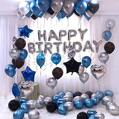 Image of WoW Party Studio Happy Birthday Letters Foil Balloon Silver + Pack of 30 Rubber Balloons (Blue, Black and Silver) for Happy Birthday Decorations