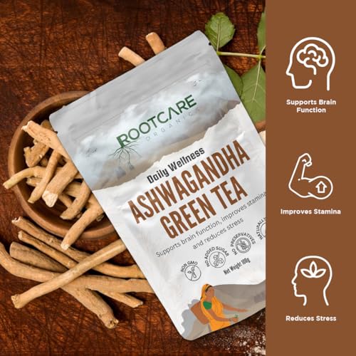 Image of Rootcare Organics Ashwagandha Green Tea | Herbal Blend with Green Tea & Ashwagandha | Boosts Brain Function & Stamina | Natural Stress Relief | 100% Organic | 100g Pack