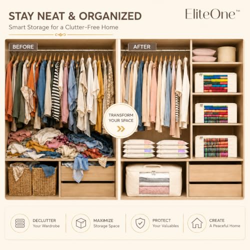 Image of EliteOne Cotton Canvas Clothes Storage Bags with Zip & Window | Saree Covers for Storage | Lehengas, Dresses, Saree Organiser for Wardrobe | saree bags with zip (17x14x7 inches)(Pack of 3 Bags)