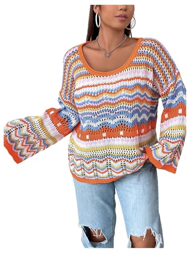 Women's Plus Size Striped Crochet Sweater Lightweight Long Bell Sleeve Sweaters Hollow Out Knit Pullover Tops