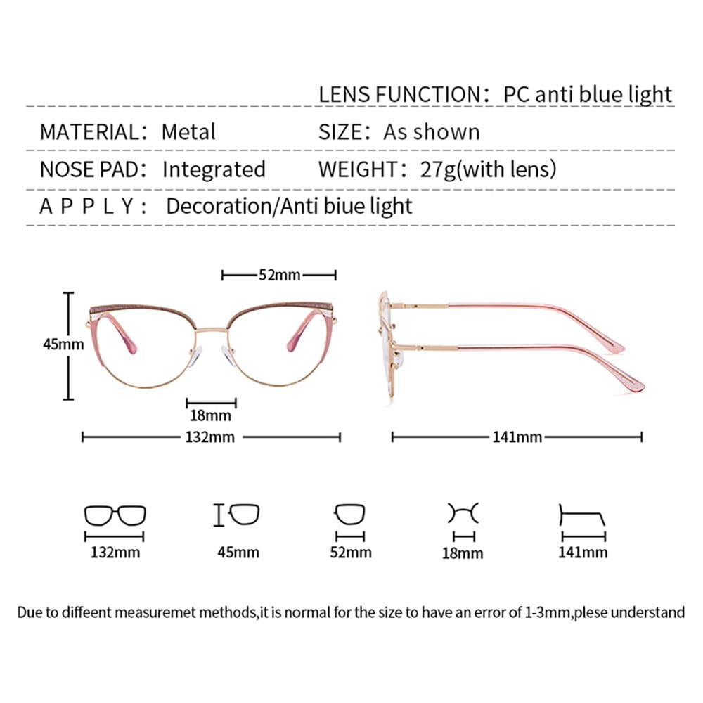 Blockierende Brille Katzenauge klare Linse Metall Mode Brillengestell Frauen Accessoires weiblich Rosa Gold