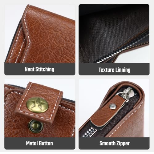 Image of Men Wallet, Vintage PU Leather Multi-Card Zipper Wallet with 8 Card Slots and Coin Pocket Large Capacity Buckle Credit Card Holder Wallet with Zipper (C, Dark Brown)