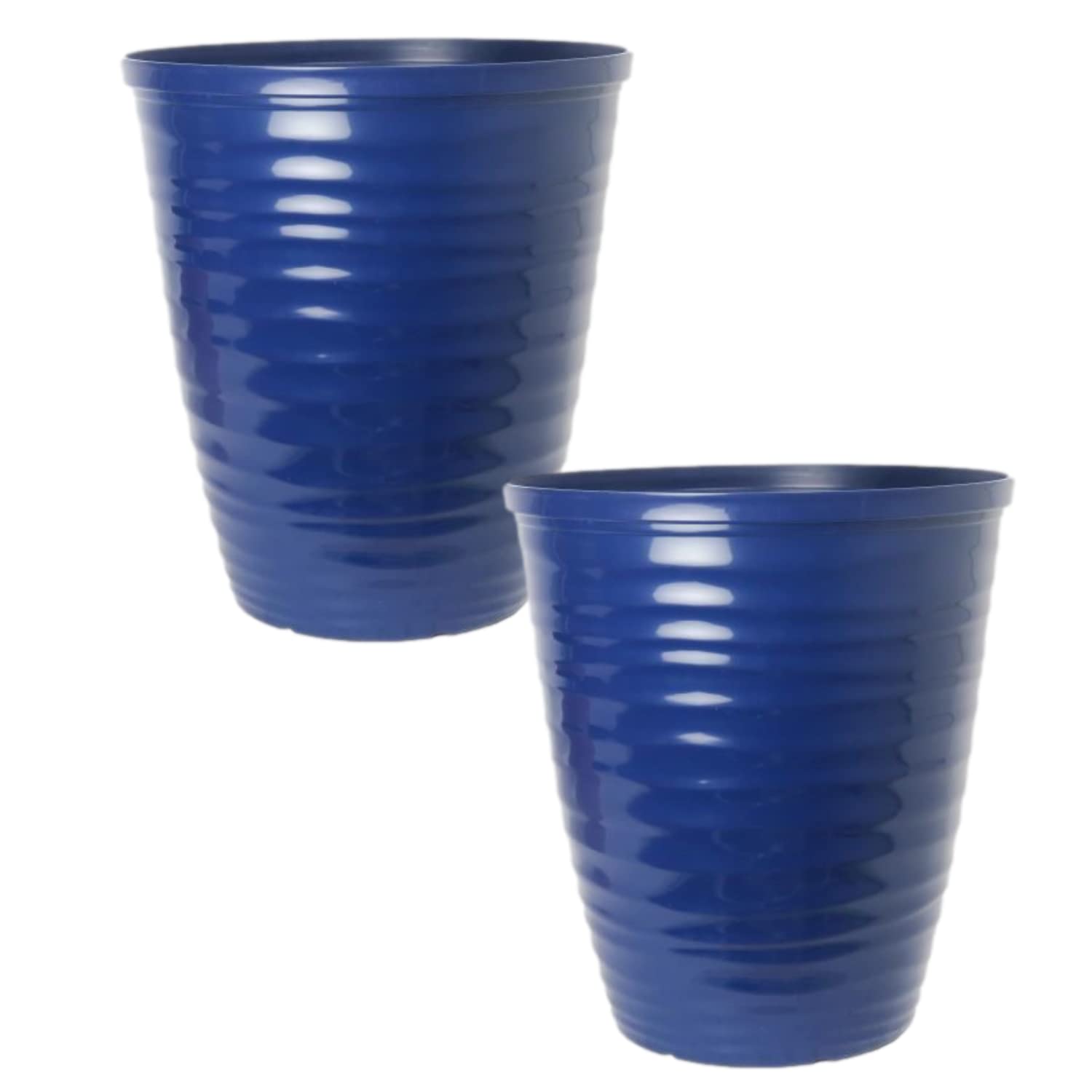 Fyne-Finds Set of 2 Blue Gloss Plastic Plant Pot 28cm, 11inch Tall Round Garden Weatherproof, Drainage Hole Planter