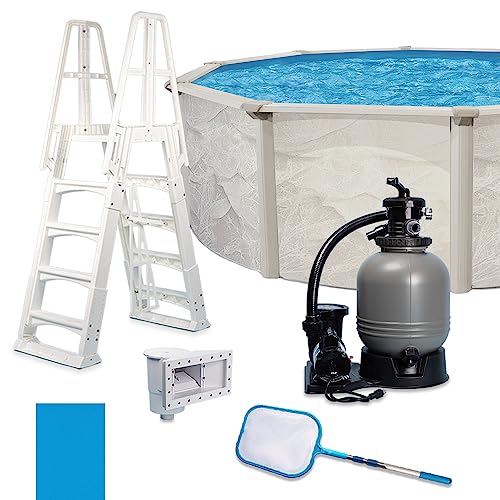 WaterThat 52' Boulder Easy-Build Steel Above Ground Swimming Pool, Sand Filter, Pump, Ladder, Liner, Skimmer, Ladder and Net (15'x52)