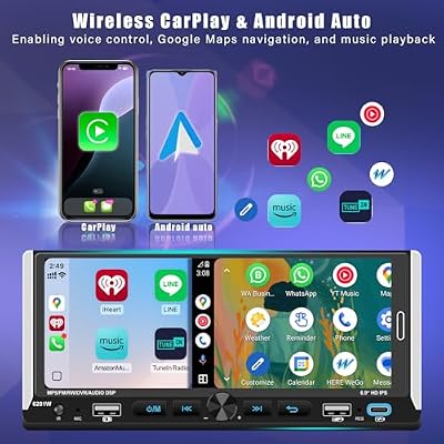 Wireless Apple CarPlay, Single DIN Car Radio, Car Stereo with 6.86 HD IPS Touchscreen, Bluetooth 5.2, Android Auto, Dual USB & Fast Charging, Backup Camera, FM Radio, DSP EQ Audio Subwoofer