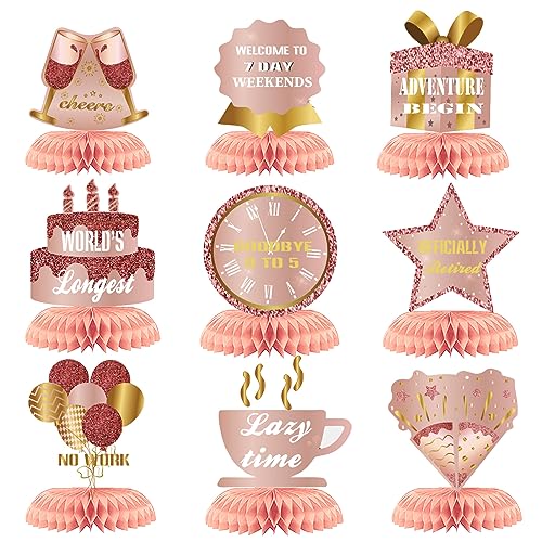 9Pcs Happy Retirement Decorations Table Honeycomb Centerpieces Party Supplies Pink Rose Gold Retirement Adventure Awaits Sign for Men Retired Decor Goodbye Retirement Signs