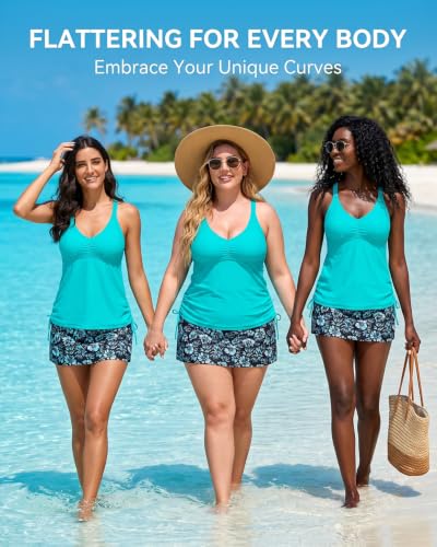 Image of Daci Womens Tankini Swimsuits with Skirt 2PC Bathing Suit | Tummy Control, V Neck, Full Coverage, Removable Pads, High Waisted Skirt, Side Drawstring, Adjustable Straps, Beach, Pool