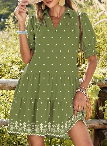 Image of Dokotoo Casual Dresses for Women Lapel Collared V Neck Mid Sleeved Pleated Summer Dresses for Women 2026 Midi Dresses
