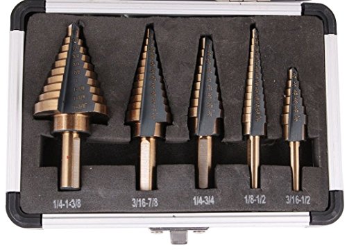 Driak 5Pcs Inch HSS Step Drill Bit Triangle Pagoda Drill Titanium Cone Drill Hole Cutter Drill Bit with Aluminum Case