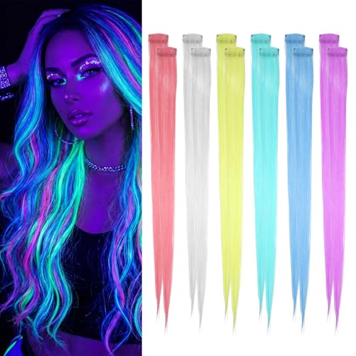 Glow In The Dark Hair Accessories 12 PCS Glow In The Dark Hair Extensions Clip In Hairs Multi Colored Rainbow-Hair Extensions for Women 7.87 In