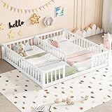 Double Floor Bed for Twins,Two Shared Beds,Twin Size Floor Bed for 2 Kids,Double Twin Bed with Guardrails for Girls,Boys,White