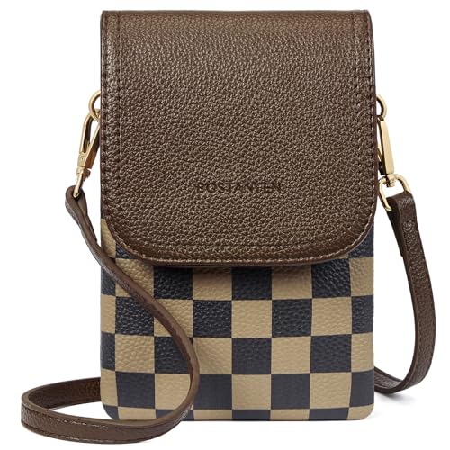 Image of BOSTANTEN Vegan Leather Small Crossbody Bags for Women Designer Cell Phone Bag Wallet Purses Adjustable Strap, Checkered Coffee