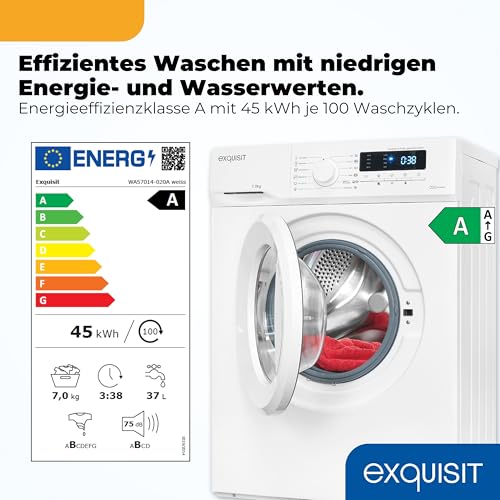 Exquisit Waschmaschine | 7 kg Nennkapazität, Energieeffizienzklasse A, 1400 U/Min, 76 dB(A) | kompakte Bauform, 12 Programme, Eco 40-60, Kurzprogramm, Startzeitverzögerung | WA57014-020A weiss