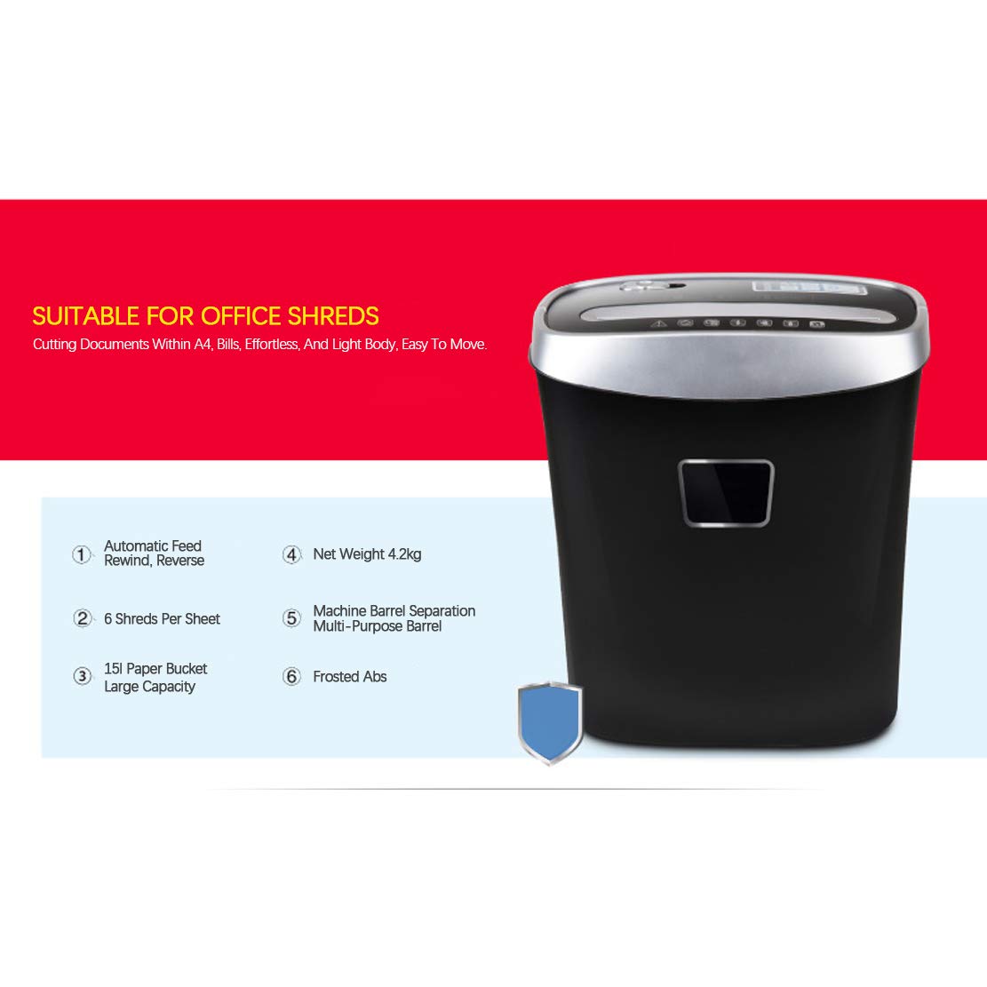 Trituradora silenciosa para papel, tritura 6 hojas a la vez, tiempo de funcionamiento de 10 minutos, tamaño de corte de 5 x 40 mm, cubo de basura de 15 litros de capacidad