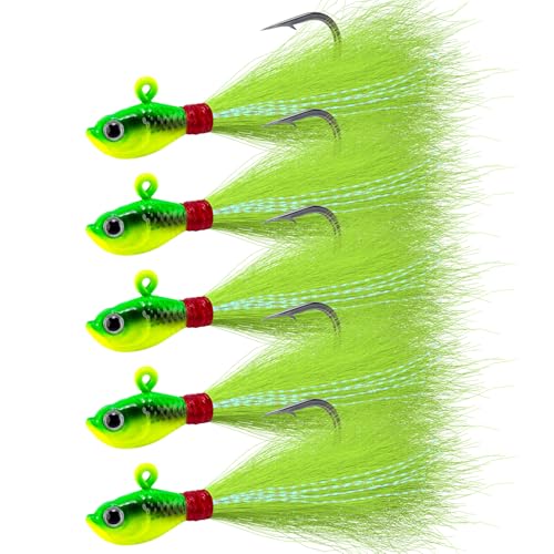 Alwonder 5-Pack Bucktail Jigs Hair Jigs Saltwater Freshwater Fishing Bucktail Lures Surf Fishing Jig Heads Swimbait Jig for Bass Flounder Striper Bluefish Halibut Redfish, Chartreuse 1/4oz