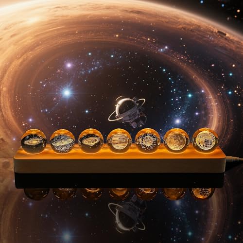 Set of 7 Planet Crystal Ball Night Light 1.57-inch Solar System Galaxy Decorative Balls with LED Wooden Base for Meditation Positive Energy Decor