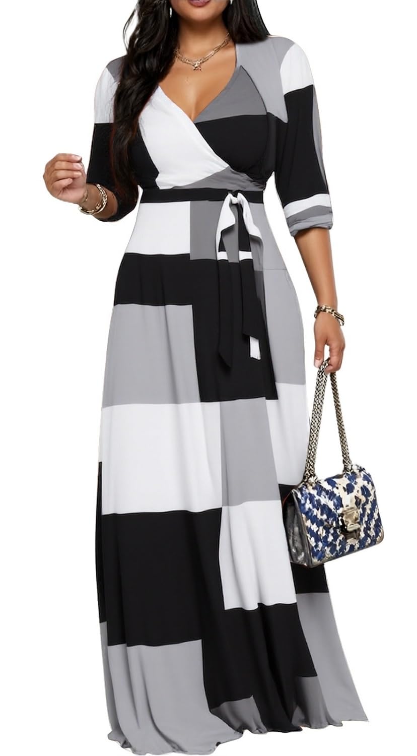 Women's Church Maxi Wrap V Neck 3/4 Sleeve Tie Waist Plus Size Long Dress