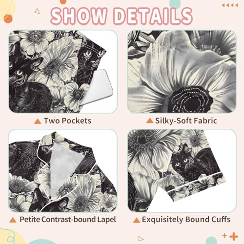senya Black Cats in A Garden Satin Summer Pajama Sets Silk Short Sleeve Button Down Sleepwear3