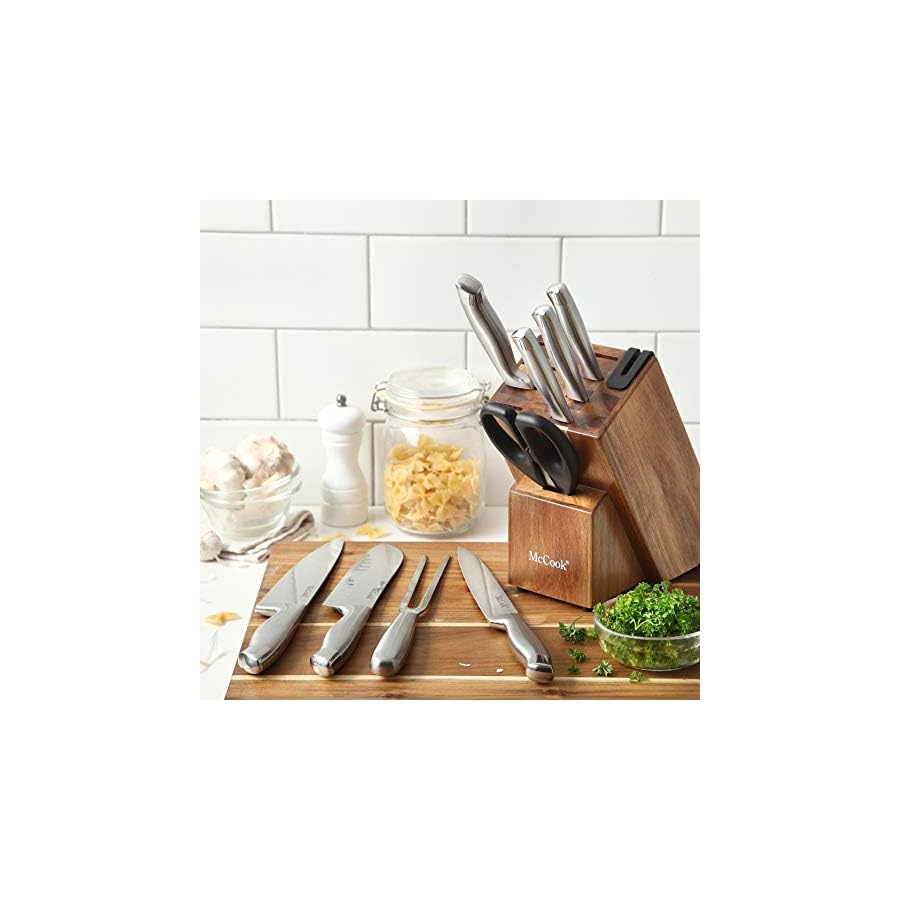 McCook® 11 Piece Knife Set with Built-in Sharpener, German Stainless Steel Hollow Handle Kitchen Knives Set in Acacia Block