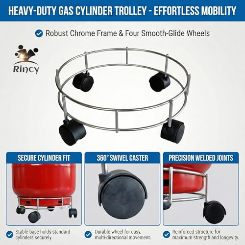 Image of Rincy Stainless Steel LPG Gas Cylinder Trolley with Heavy 4-Wheel Support - Cylinder Stand for Kitchen (Steel-2 Pcs)