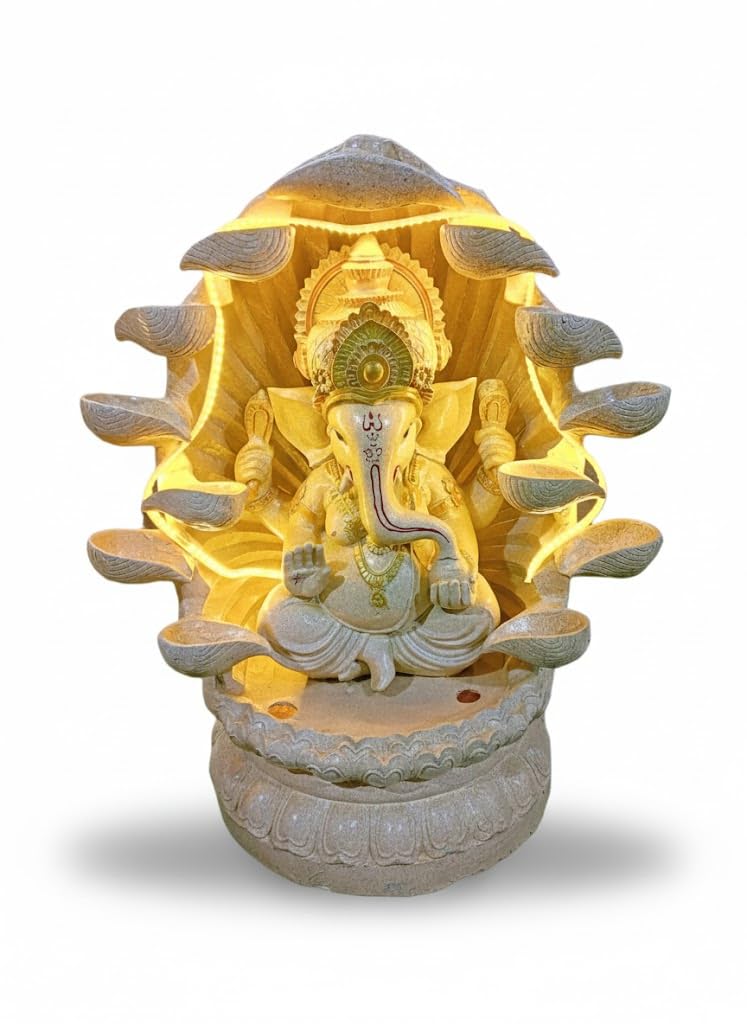 Ganesha Water Fountain Statue, Yellow Decoration Gift Gifting with LED Lights Water Pump (White)-image-21