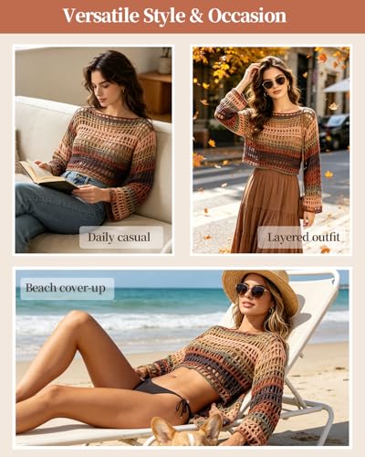 Image of Aeelike Beginner Crochet Kit for Adults, Crochets Set w Ombre Cotton Yarn & Step-by-Step Video Tutorials, Boho Coverup Sweater Mesh Top for Women Ideal DIY Gift Crochet Kit for Beginners,Boho Brown