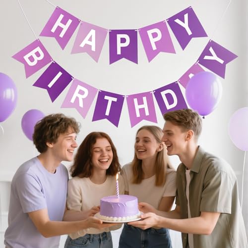Image of Happy Birthday Banner Party Banner NO DIY Birthday Sign Purple and White