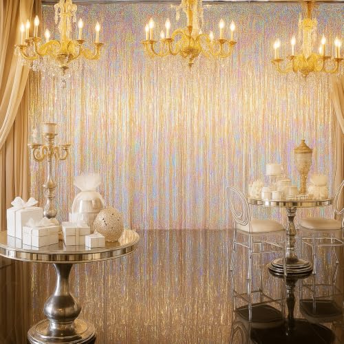 Voircoloria 3 Pack 3.3 x 8.2 ft Laser Champagne Foil Fringe Backdrop Curtains, Tinsel Streamers Birthday Party Decorations, Fringe Backdrop for Graduation, Baby Shower, Gender Reveal, Disco Party by Voircoloria - Used condition - Image 6