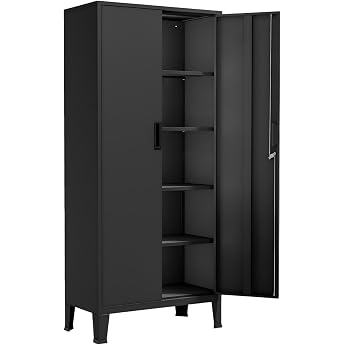 YOUDENOVA Filing Cabinet 180 x 80 x 40 cm Metal Filing Cabinet Lockable with 2 Doors Multi-Purpose Cabinet with 5 Levels Multi-Purpose Cabinet with Adjustable Shelves Black