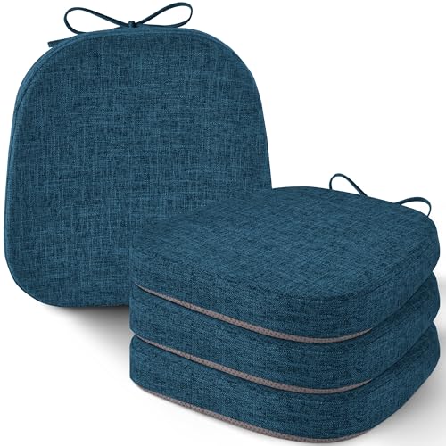 Image of AddGrace Set of 4 Chair Cushions for Metal Dining Chairs 14x14 Navy | Non Slip,Washable Removable Cover with Ties, Textured, for Kitchen Dining Room Indoor, Hard Wooden Chairs, Family Gathering