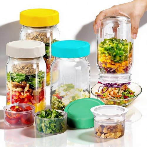 WAWINY 32oz Glass Salad Jars 4 Pack, Leakproof Meal Prep Containers