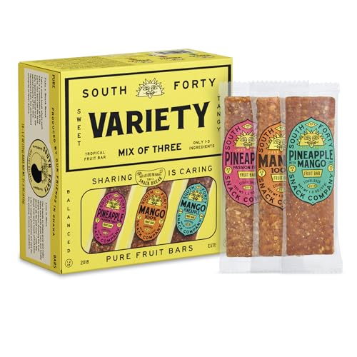 South 40 Snacks Premium Tropical Fruit Bars Mix of 3 Variety Pack Just 1-3 ingredients Mango Pineapple Passionfruit and Pineapple Mango Lime (35g Bar Pack of 18)