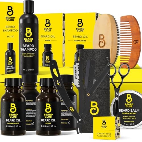 Image of The Beard Club Premium Beard Kit for Men - Grooming & Care Kit - Cedar & Sandalwood Oil, Sandalwood Balm, Shampoo, Brush, Comb, Trimming Scissors, Straight Edge Razor - Gift Set