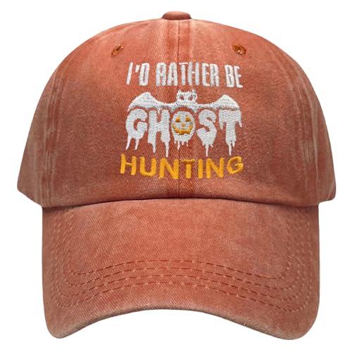 Bshuey Funny Halloween Hat for Men Women Spooky Boo Decorations Gifts Id Rather Be Ghost Hunting Hat Adjustable Embroidered Halloween Holiday Washed Baseball Cap Dad Hat Orange