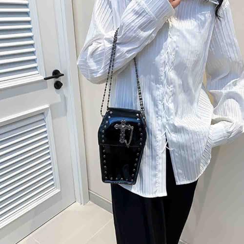 Image of Gothic Rivet Coffin Shape Crossbody Bag, Women's Studded Cross Transparent Shoulder Bag, Novelty Vintage Punk Phone Purse
