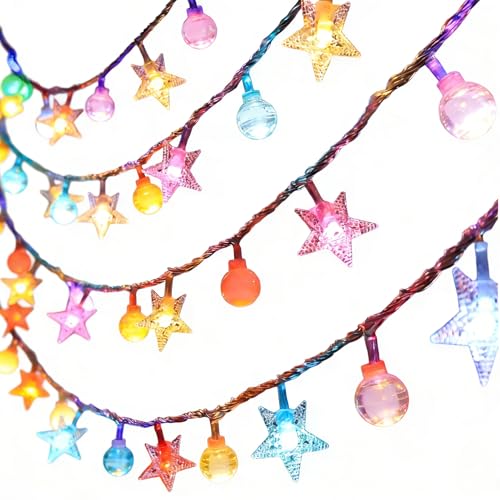 Guirlande Lumineuse Boules Étoiles LED Multicolore 300CM, 20 LED À Piles, Guirlande Étoiles Et Boules, 2 Modes Fixe et Clignotant, pour Chambre Jardin Fête...