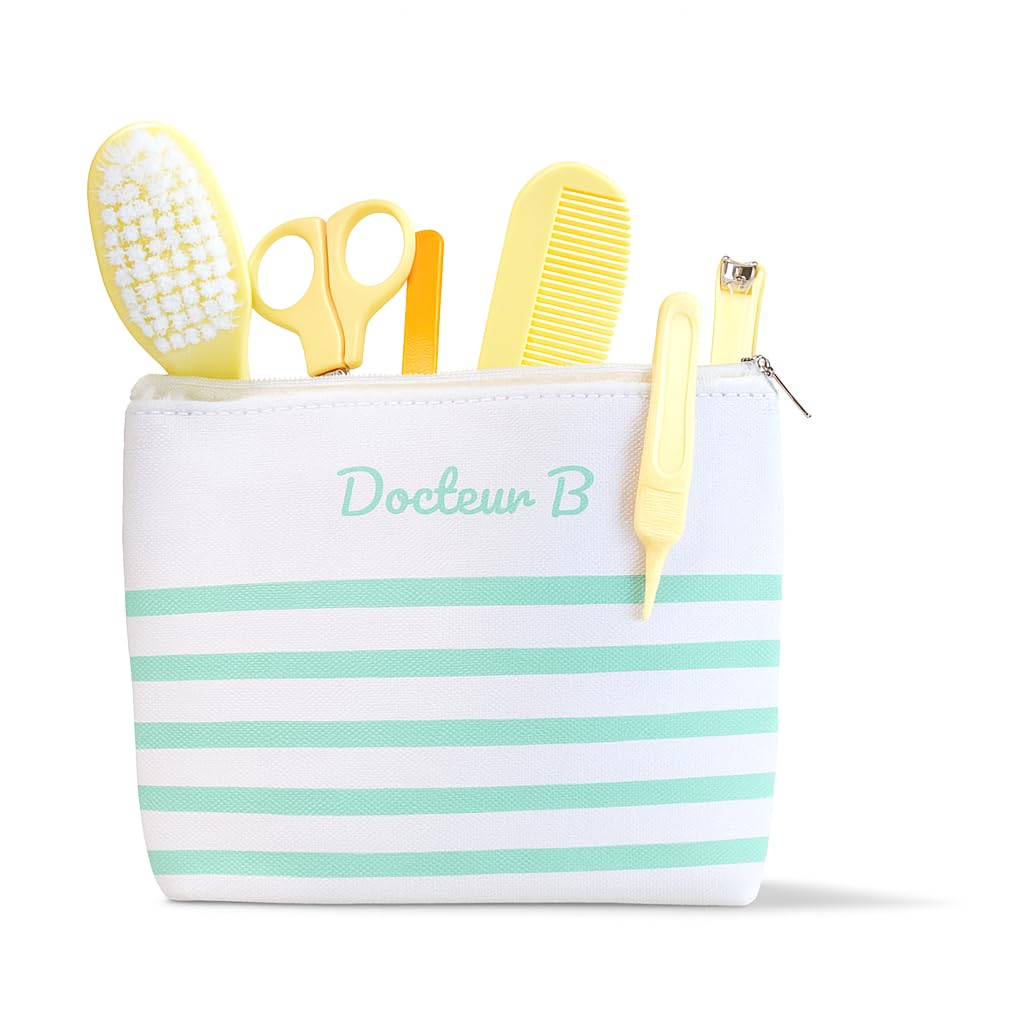 Trousse de Soins Bébé avec 7 Essentiels | Coupe-Ongles, Ciseaux Sécurisés, Brosse, Peigne, Lime, Pince Nez | Dès la Naissance | Kit de Toilette Portable | Pochette Rayée Incluse