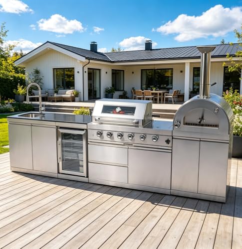 125In Stainless Steel Outdoor Kitchen Island, Propane BBQ Grill with with Standalone Side Burner Pizza Oven, Rotisserie, Refrigerator, Granite Countertop, Storage Cabinets Drawers 108000 BTU