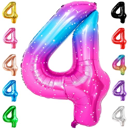 Image of KatchOn Rainbow 4 Balloon Number 40 Inch | Pink Blue Number 4 Balloons for Birthdays, Number 4 Galaxy balloon for 4th Birthday Decorations Party, 4th Birthday balloons