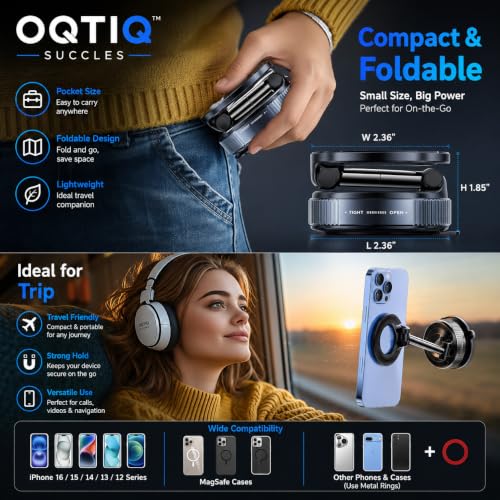 Image of OQTIQ SUCGLES Vacuum Magnetic Phone Holder for Car, 360 Adjustable Foldable Mobile Holder with Ultra Strong Suction & Powerful Magnetic Grip, Dashboard, Windshield & Desk Mount for All Smartphones
