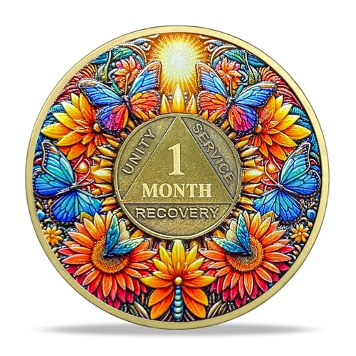 1 Month Sobriety Coin Gifts | Sun and Boat Butterfly AA Coin - HA AA Chip Medallion with Serenity Prayer | Narcotics Alcoholics Anonymous Gifts for Anniversary Month & Year for Men & Women in Recovery