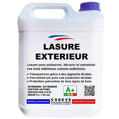 Lasure Bois Exterieur - Codeve Bois/Chêne moyen - 5L - Intérieur/extérieur - Pour Une Protection Efficace De Vos Bois En Climat Difficile.