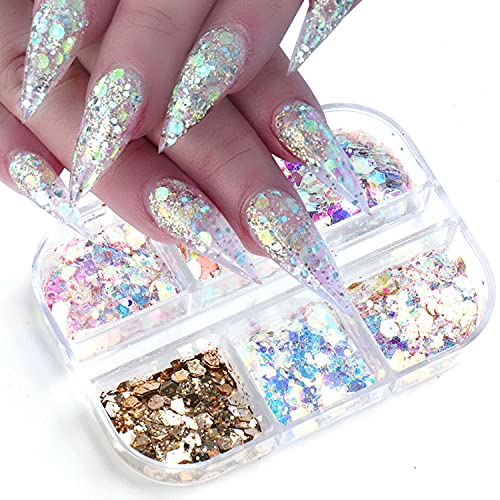 Holographic Nail Art Sequins Glitter 6 Colors 3D Sparkly Nail Art Flakes Ultra-Thin Irregular Nail Glitters for Acrylic Nails Shiny Nail Powers Nail Art Supplies Manicure Tips Charms Nail Decorations