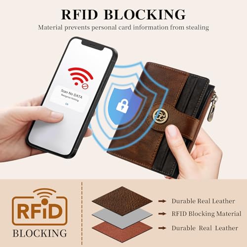 Image of Leather Wallet Women,RFID Blocking Slim Compact Card Holder with Zipper Coin Pocket,Top Grain Cowhide Bifold Women's Wallet(brownblack)