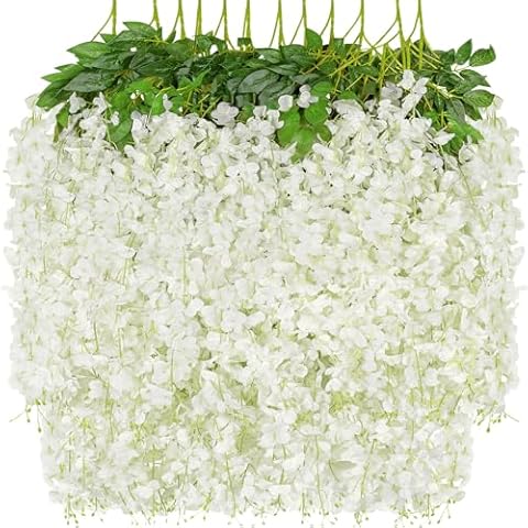 Attmu 12 Pack Artificial Flowers Wisteria Hanging Flowers 3.6 Feet/Piece Vine Ratta String for Home Office Wedding Wall Garden Outdoor Party Decoration (White) Cover